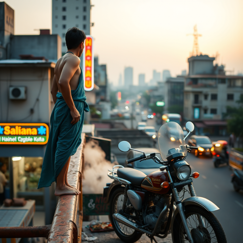 Man in Blue Wrap Standing on Railing