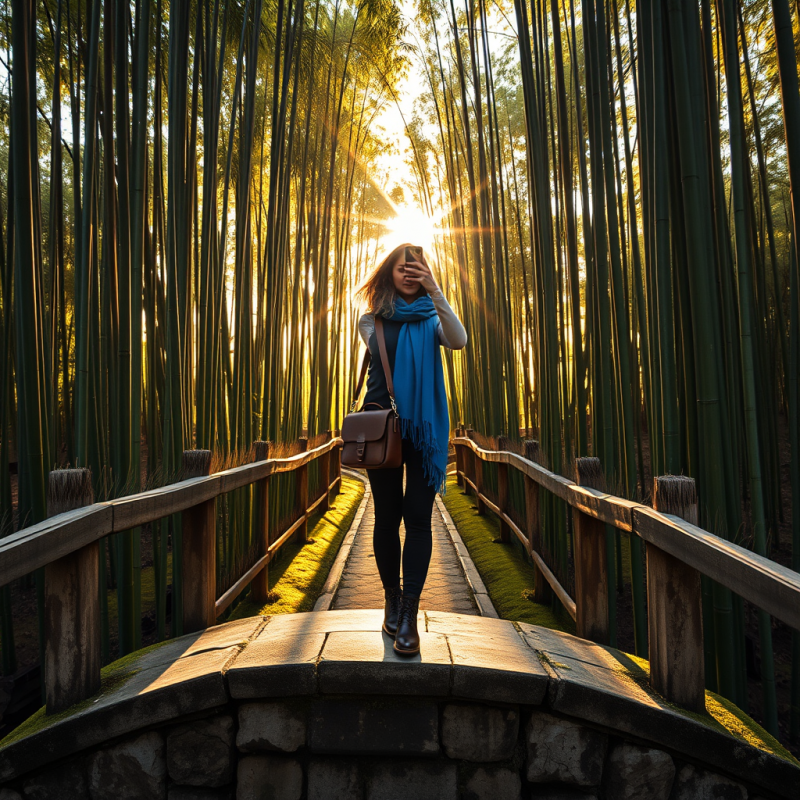 Woman Taking Selfie in Bamboo Forest