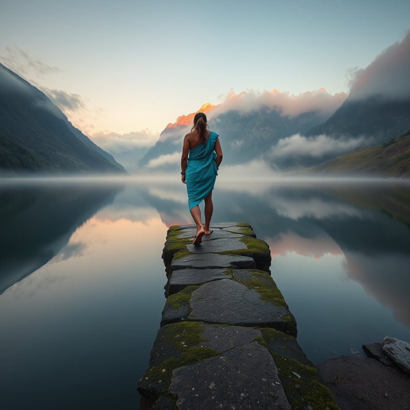 Woman in Blue Dress on Stone Path