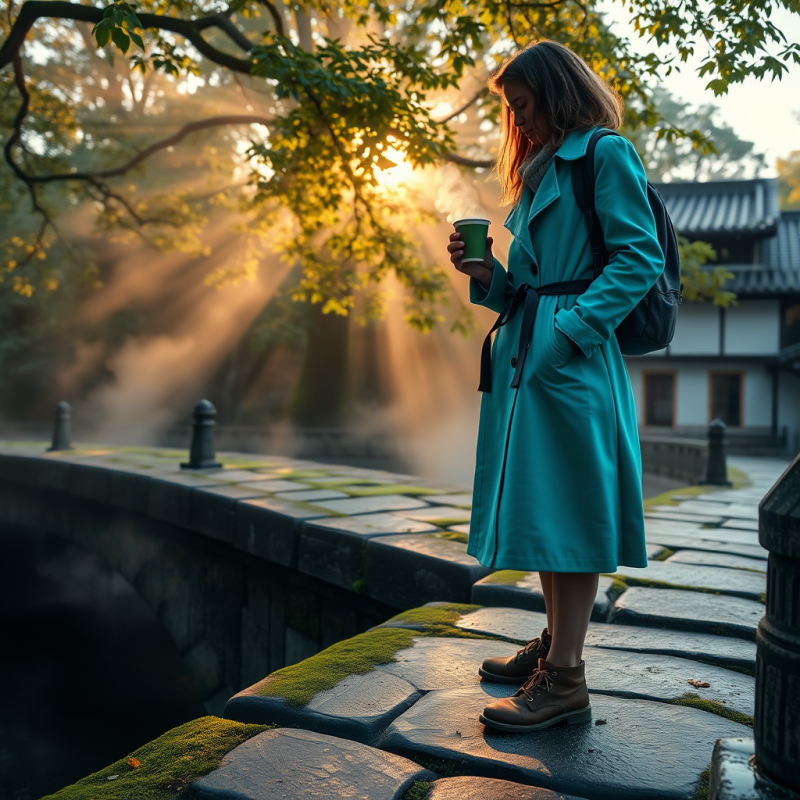 Woman in Teal Coat by Misty River
