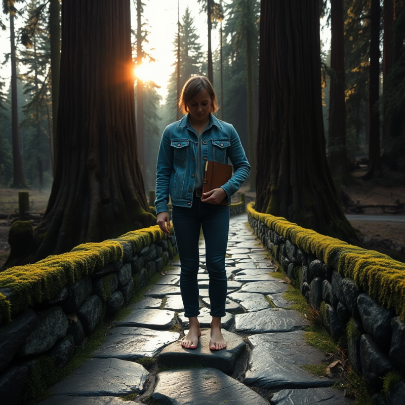 A Lone Traveler In A Vintage Denim Jacket Stands Barefoot...