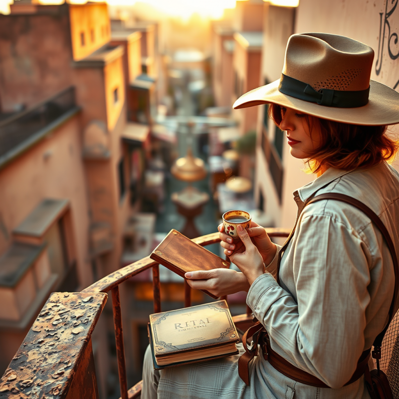 Woman in Hat Drinking Coffee on Balcony