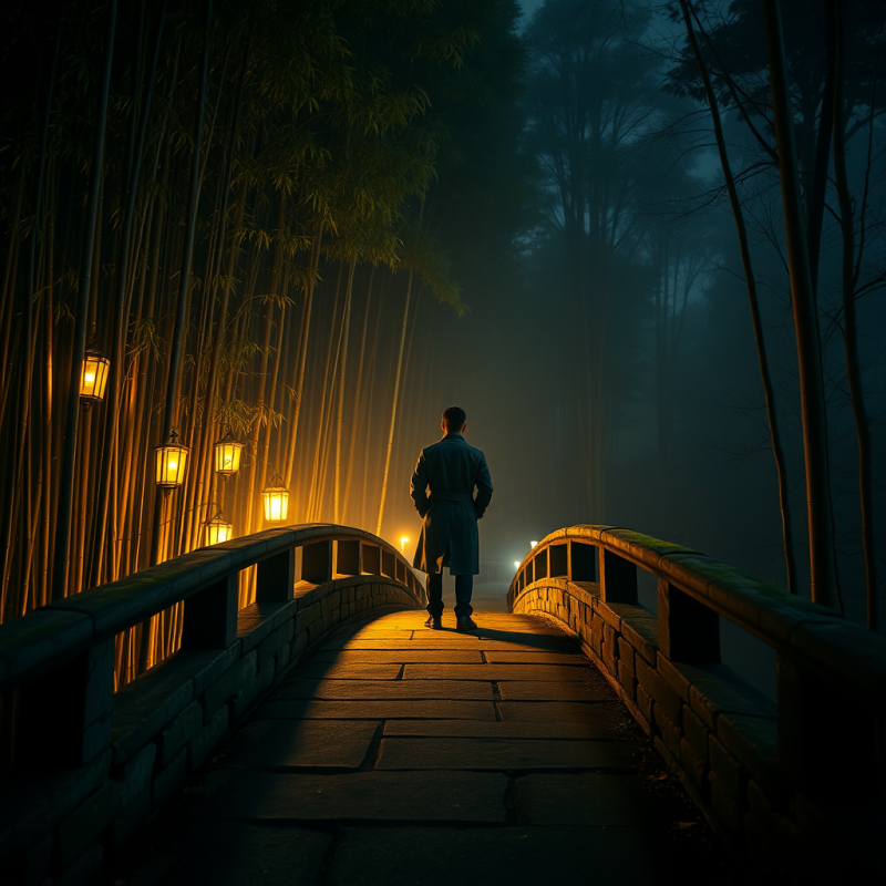 Man Walking on Stone Bridge in Bamboo Forest