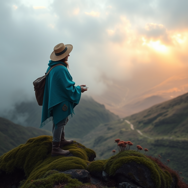 Woman in Hat Standing on Mountain Peak