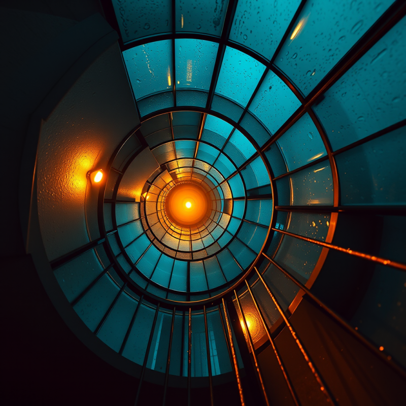Spiral Staircase with Blue Glass and Warm Light