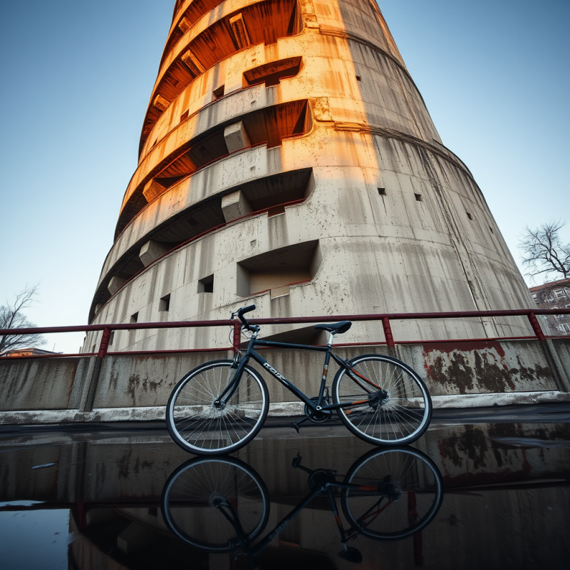 Bicycle Reflecting in Wet Pavement Near Tower