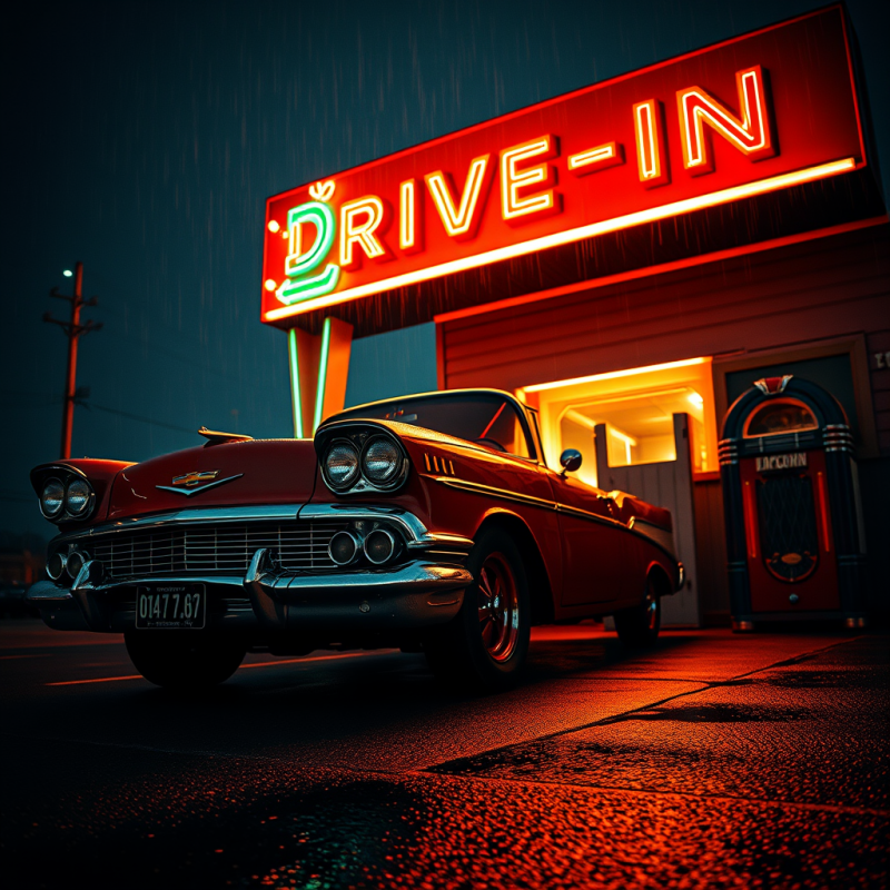 Classic Red Car Parked at a Neon-lit Drive-in Theater,