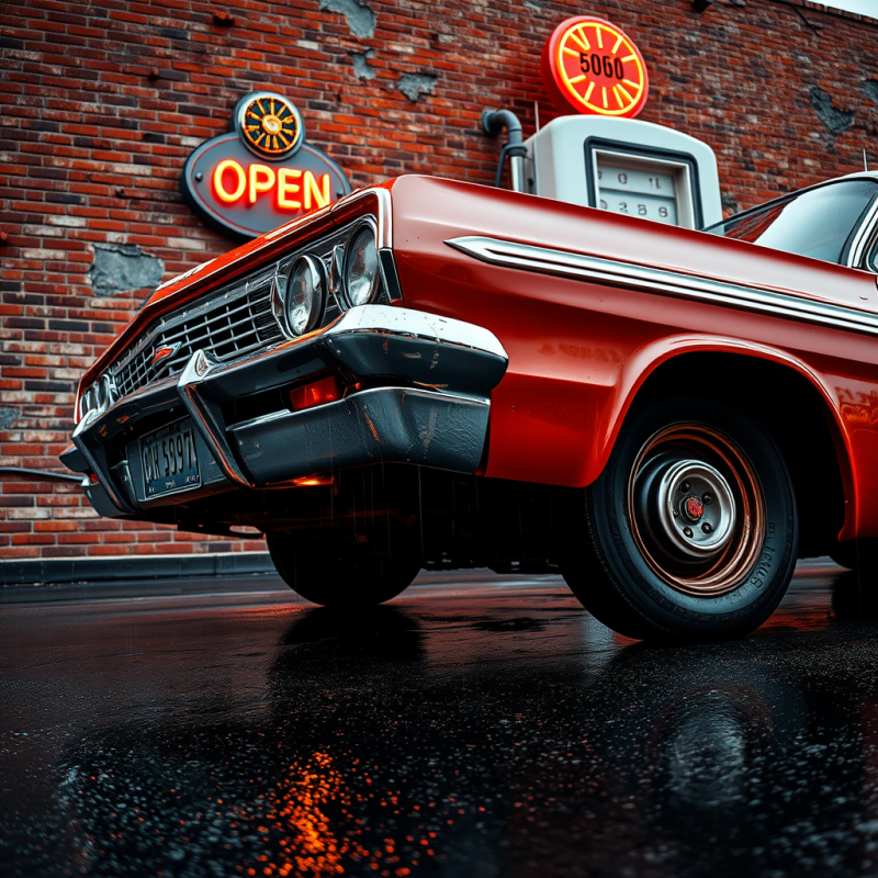 Vintage Red Car at Gas Station