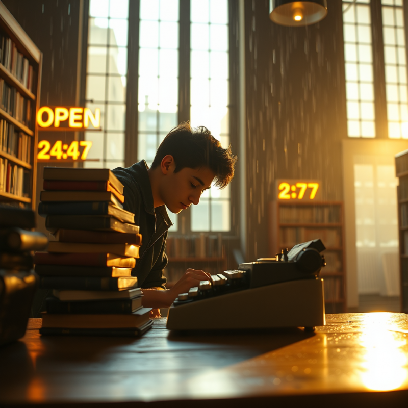 Young Student Typing on Vintage Typewriter