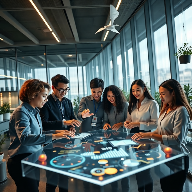 Business Team Analyzing Data on Holographic Table