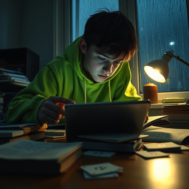 Teenager Studying with Tablet at Night