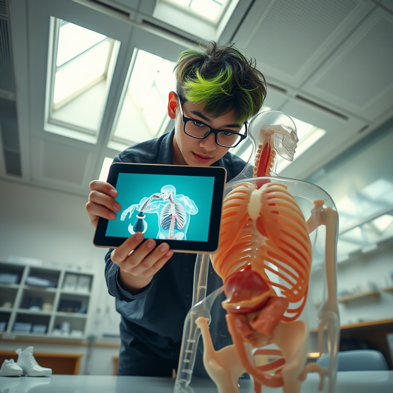 Student Studying Human Anatomy Model