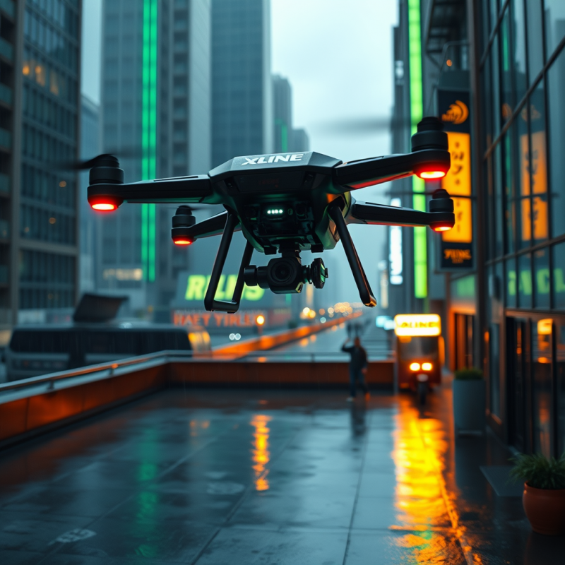 Drone Hovering Over Rainy City Street