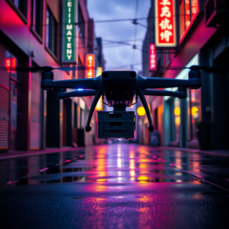 Drone Delivering Package in Neon Alley