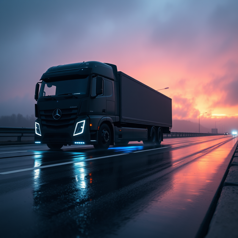 High-tech Truck on Rainy Highway