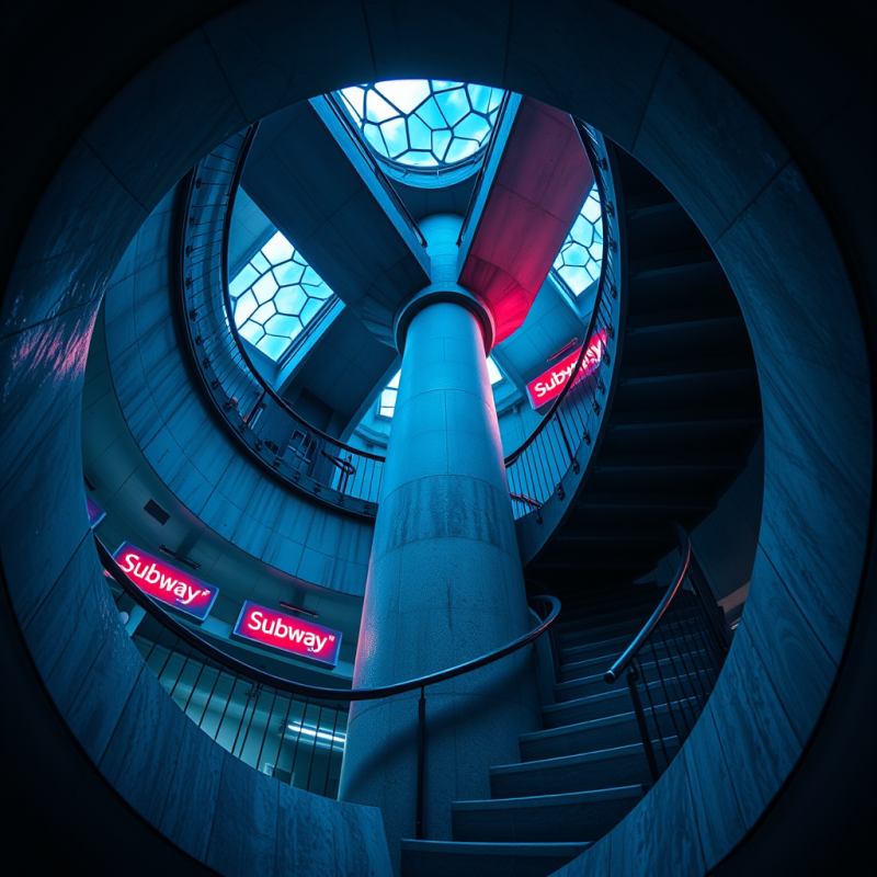 Spiral Staircase with Neon Subway Signs