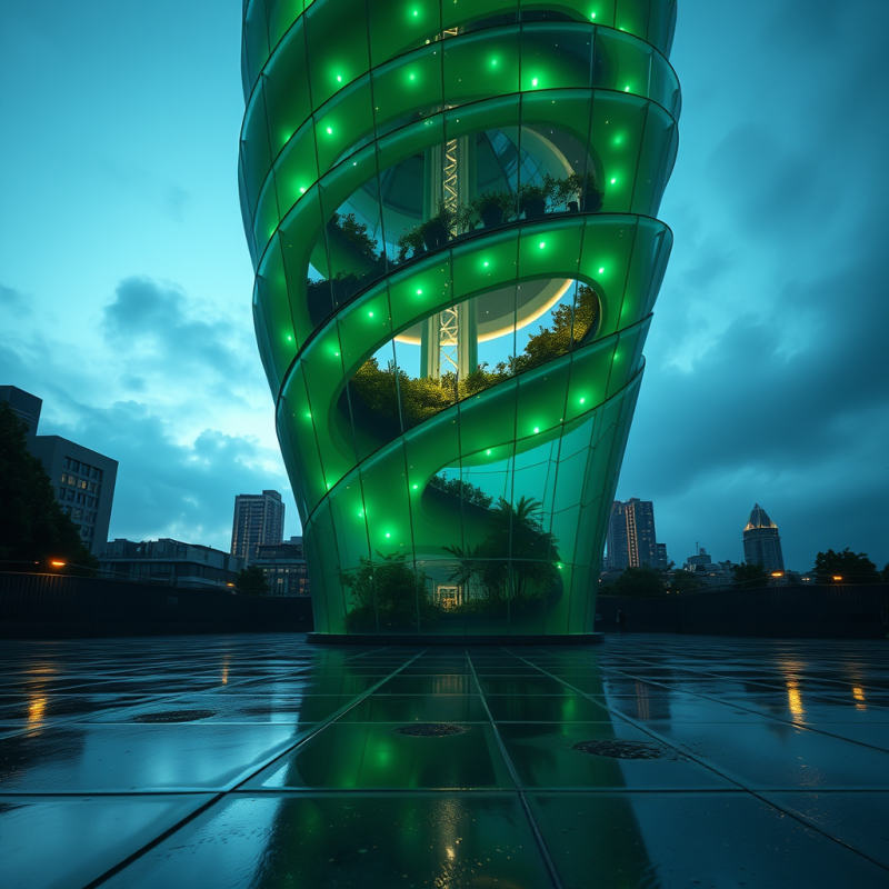 Green Spiral Building with Illuminated Windows