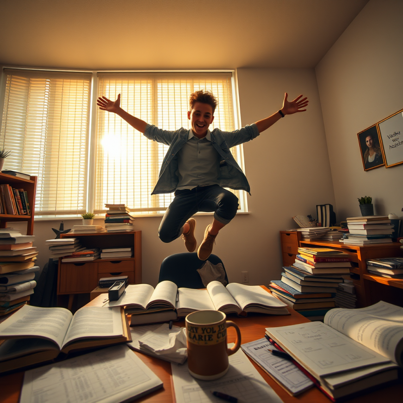A Low-angle Shot Of A Student Mid-leap Over A Cluttered D...