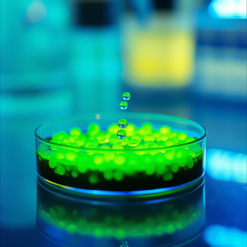 Glowing Green Spheres in Petri Dish
