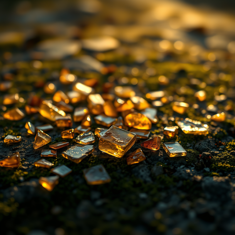 Golden Glass Fragments on Mossy Ground