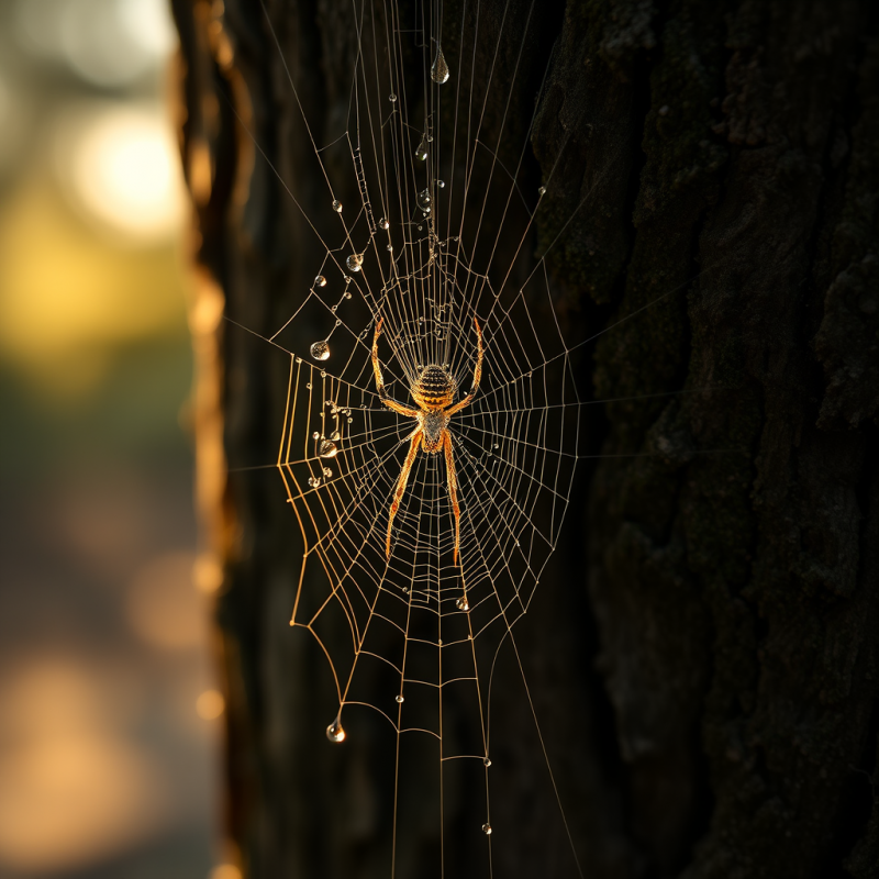 Spider on Web with Dew Drops