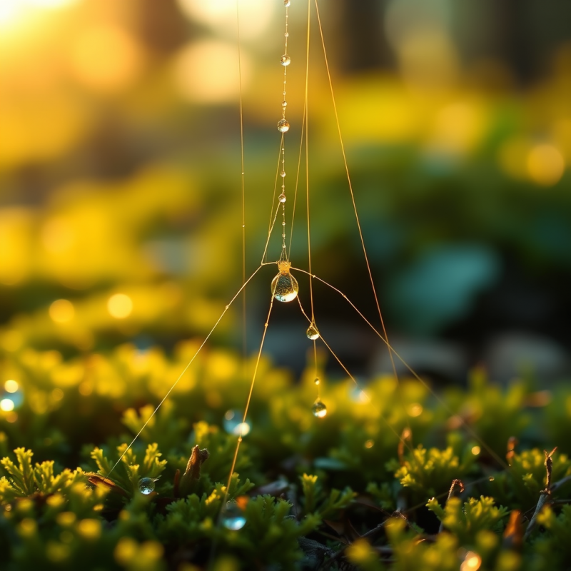 Dew Drops on Spider Silk at Sunrise