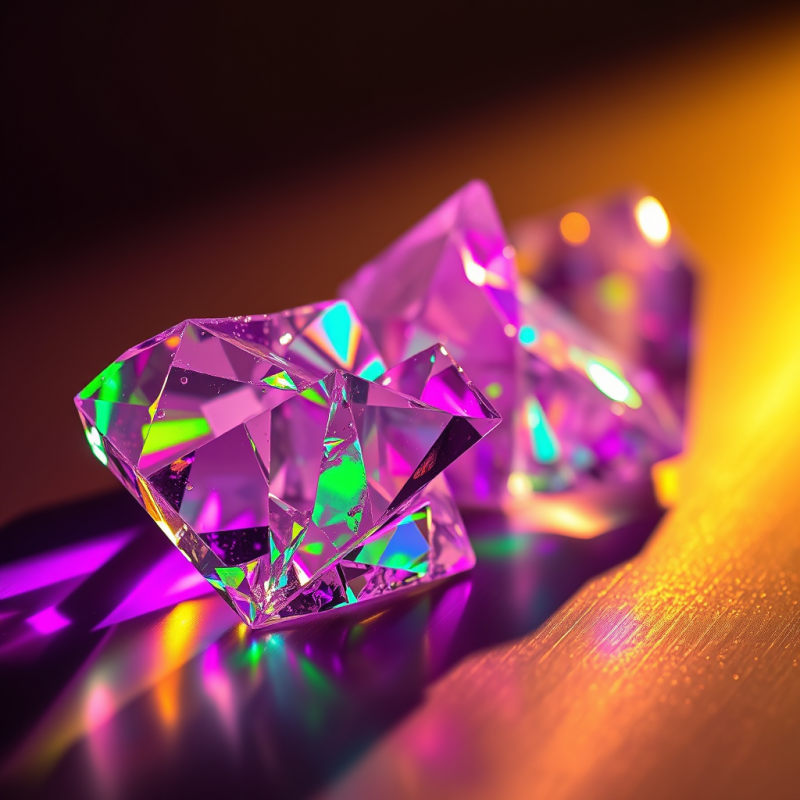 Glowing Purple Diamonds on Wooden Surface