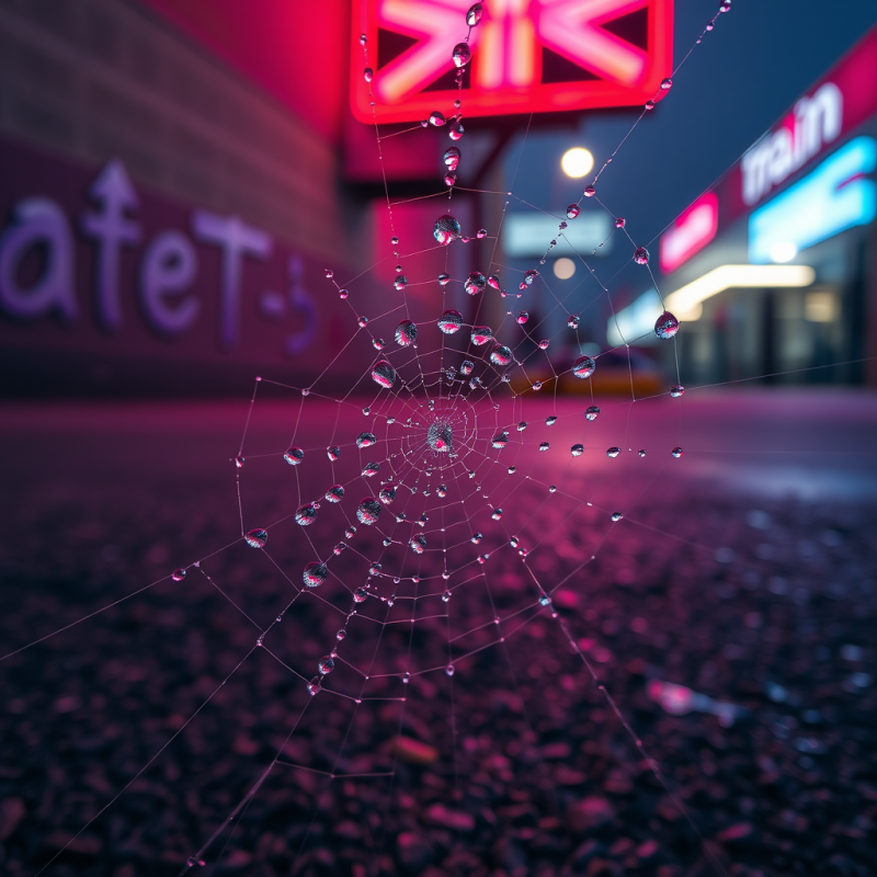 Spiderweb with Raindrops in Neon City