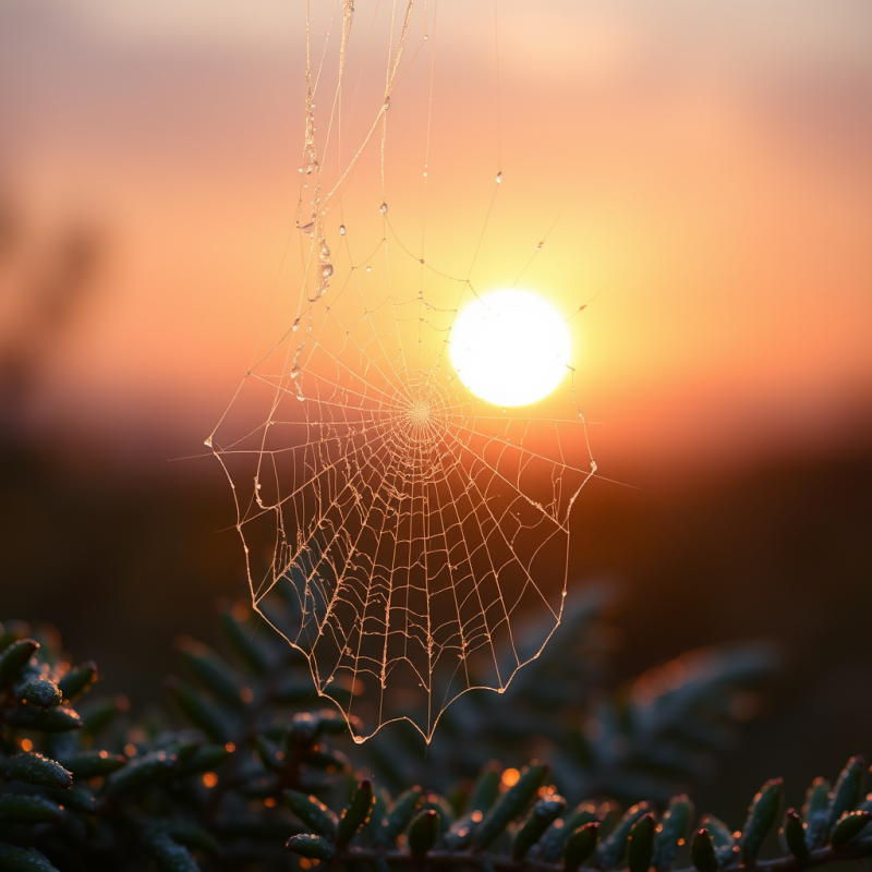 Spider Web with Dew Drops at Sunrise
