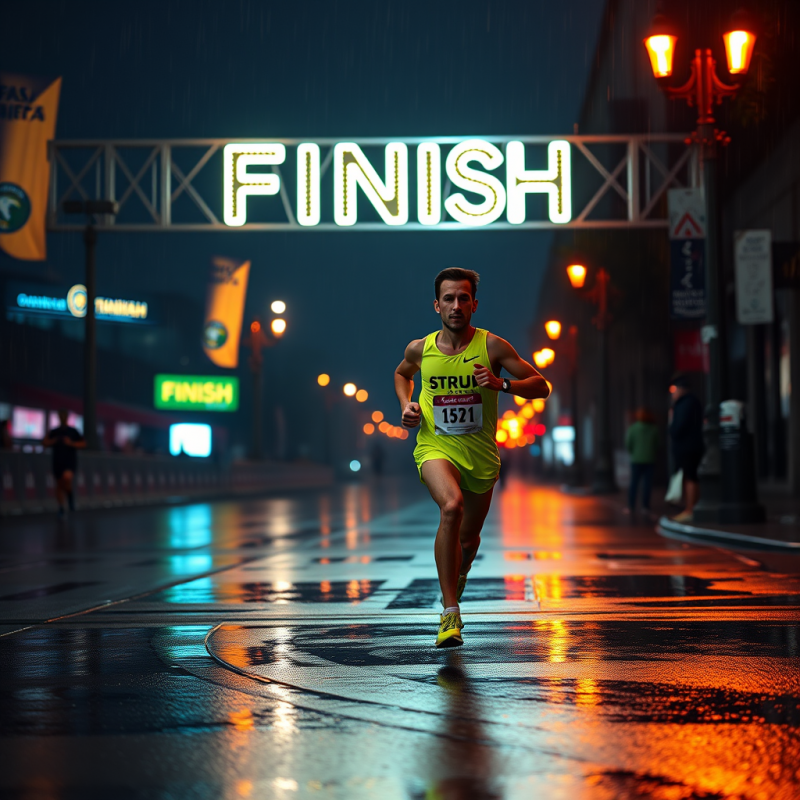 Runner Crossing Finish Line in Rain