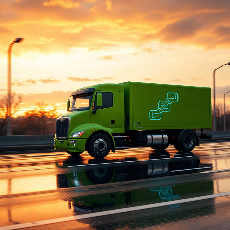 Green Delivery Truck on Wet Highway