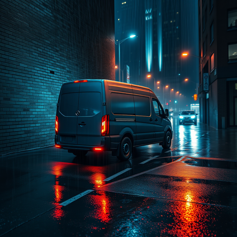 Van on Rain-slicked City Street