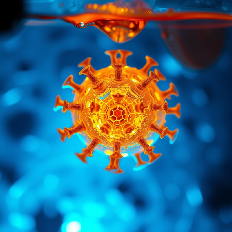 Glowing Virus Particle in Blue Liquid