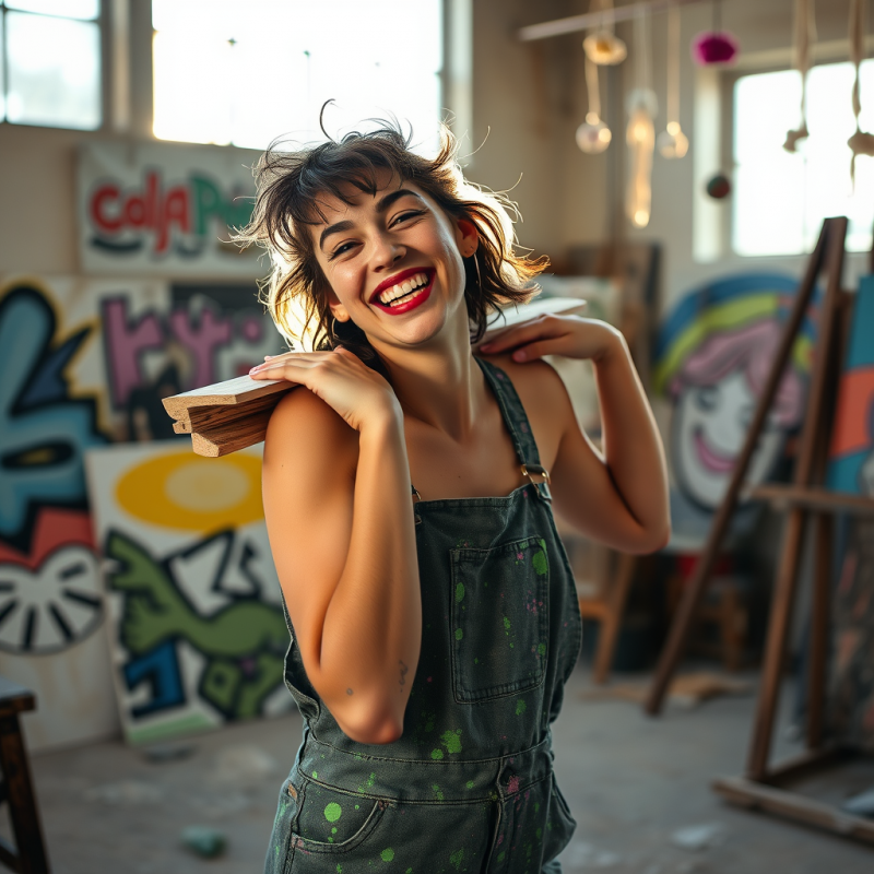 Artist Smiling with Paint-splattered Overalls