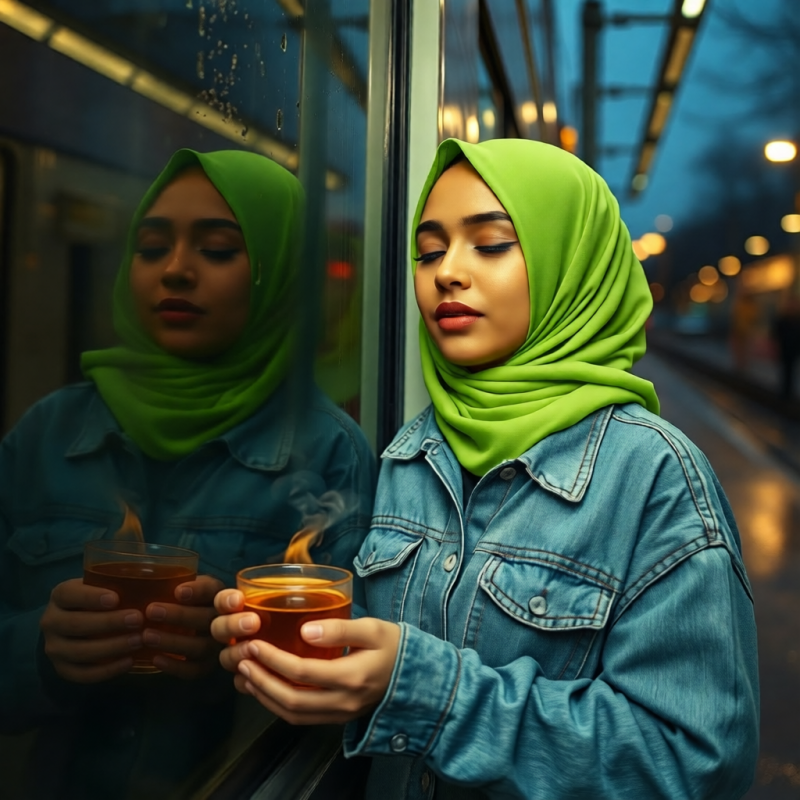 Woman in Green Hijab Drinking Tea