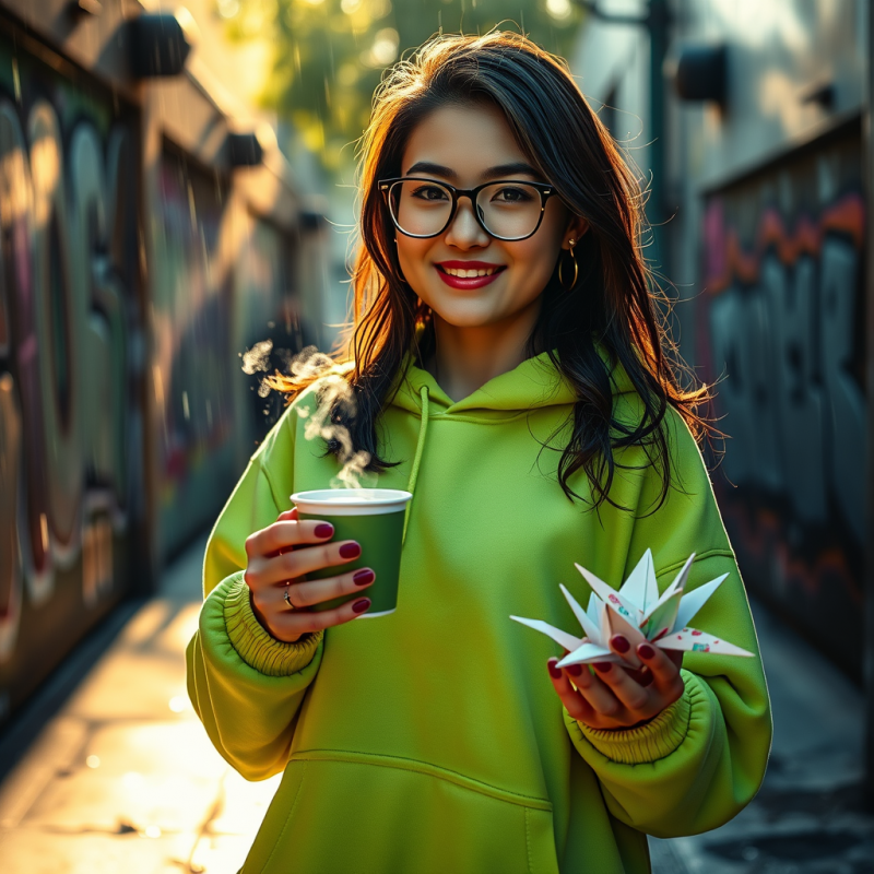 Young Woman with Cup and Origami Bird