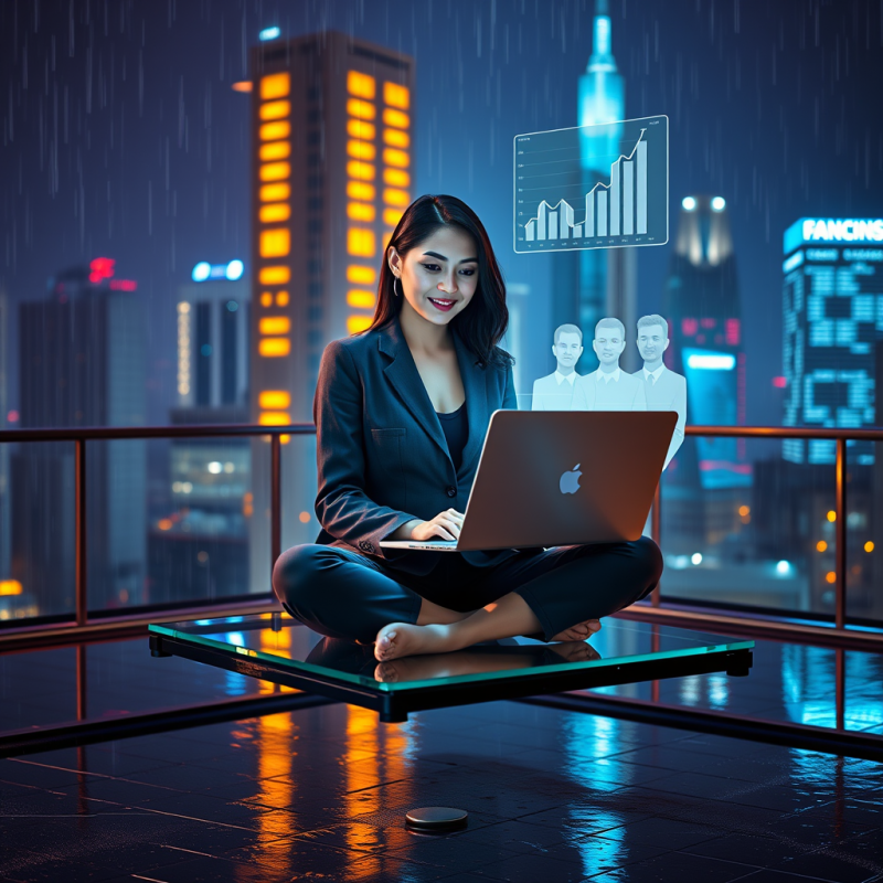 Businesswoman in Rainy Cityscape