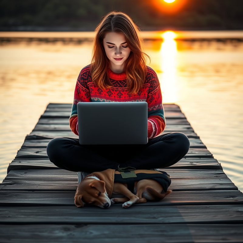 Woman Working Laptop on Dock with Dog