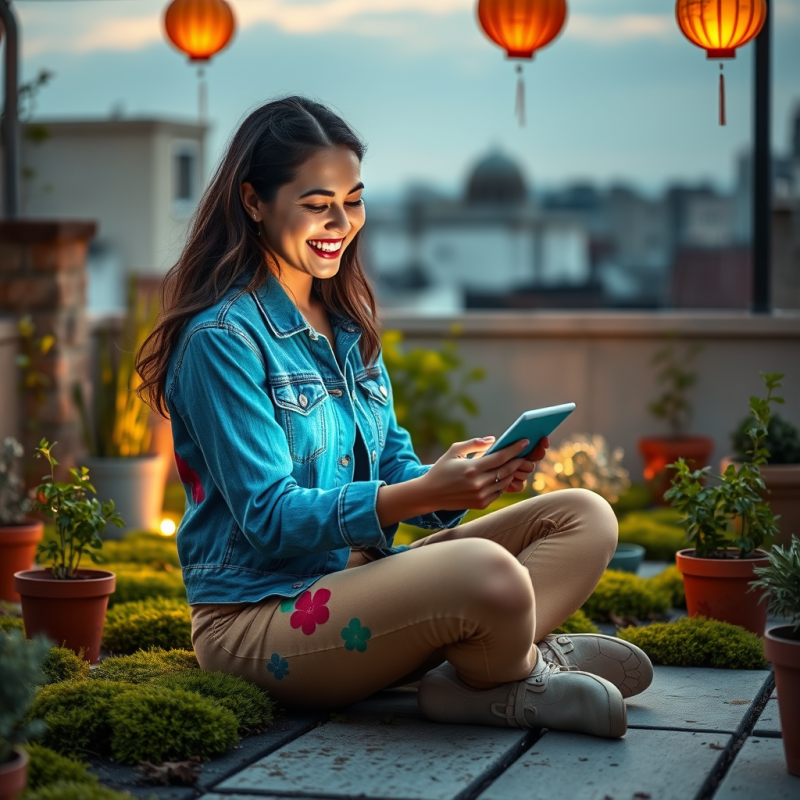 Woman Smiling on Rooftop with Lanterns
