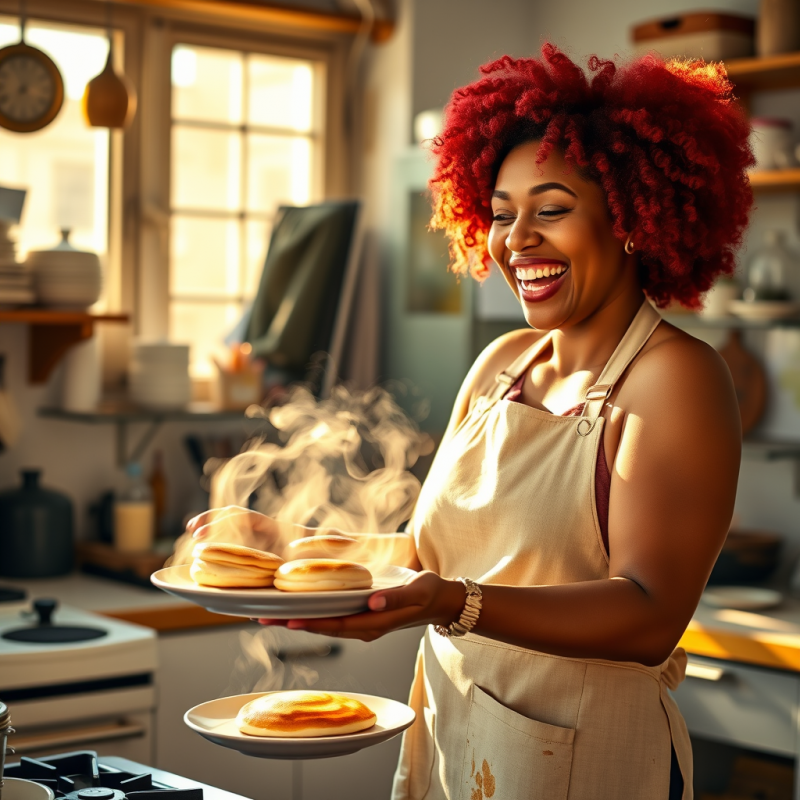 Woman with Red Hair Serving Pancakes