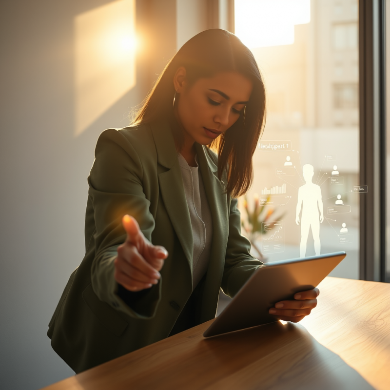 Businesswoman Interacting with Holographic Data
