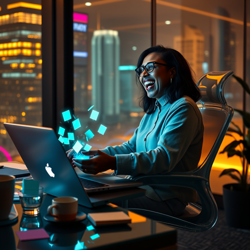 Woman Laughing at Laptop with Glowing Cubes