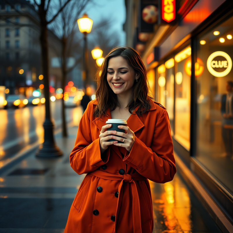 Woman in Orange Coat Holding Coffee