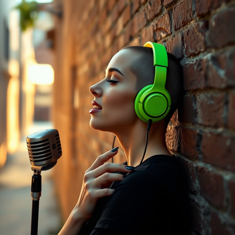 Singer with Green Headphones