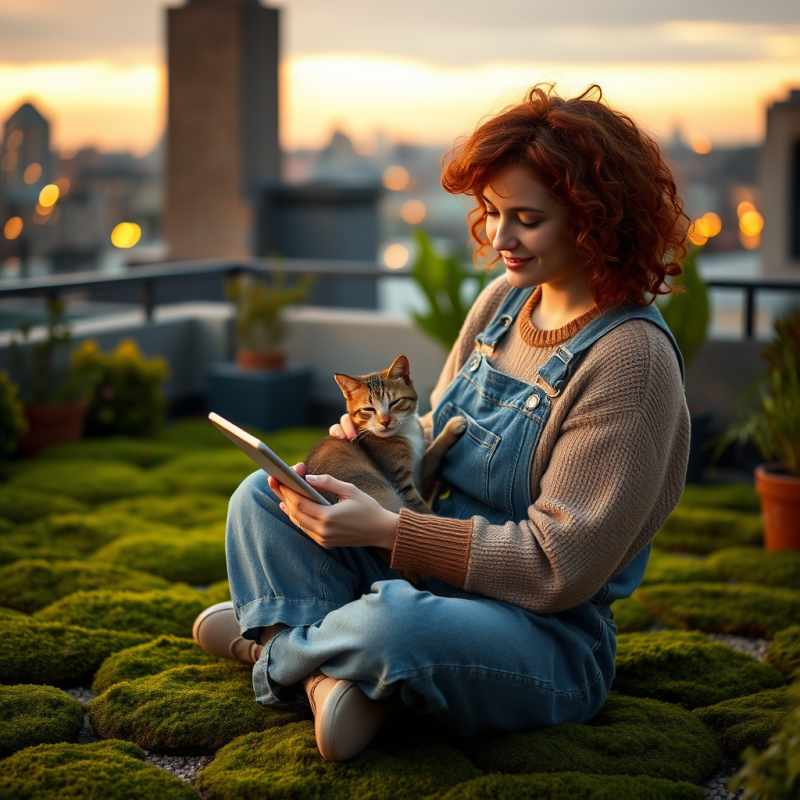 Woman with Cat on Rooftop