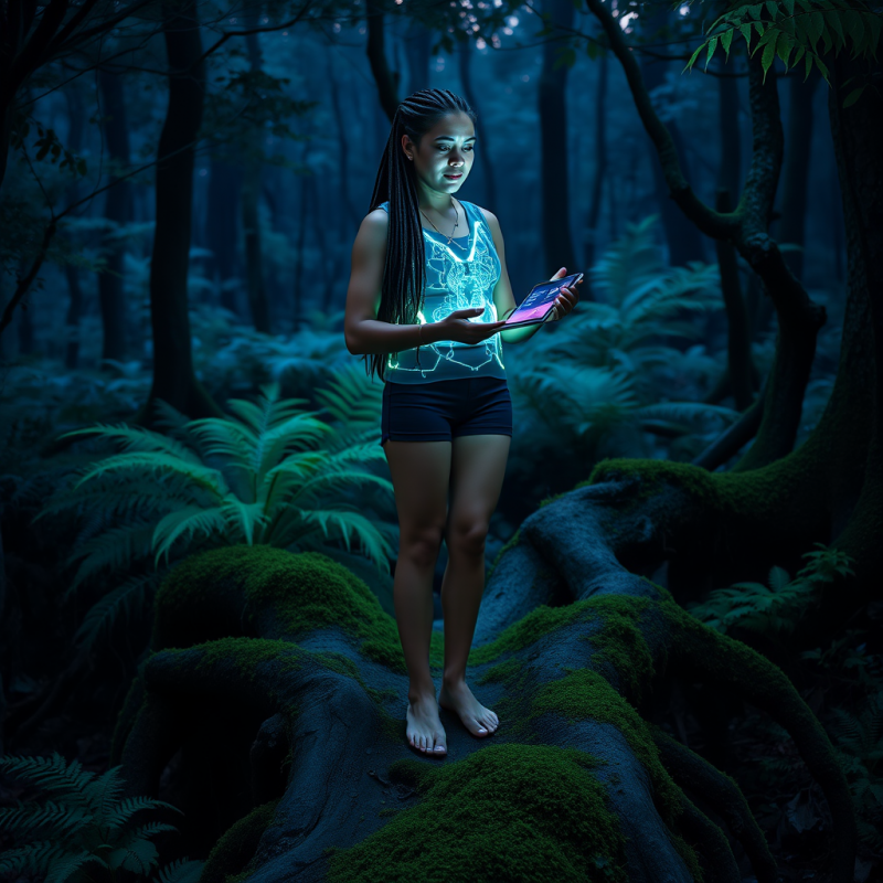 Woman in Forest Holding Glow Tablet