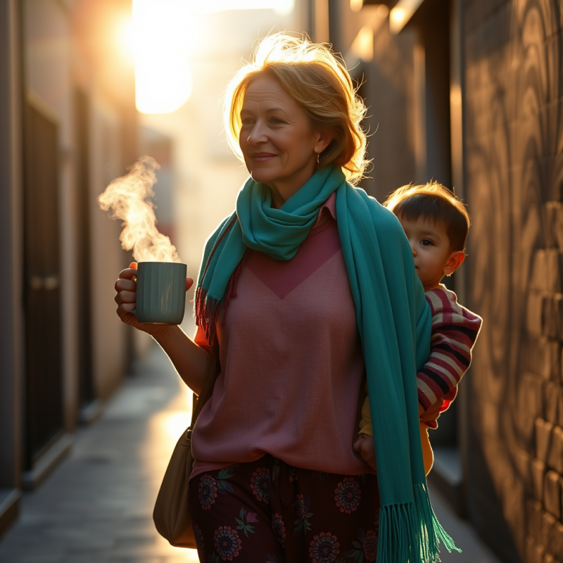 A Mid-30s Woman With Vibrant Turquoise Scarves Draped Ove...
