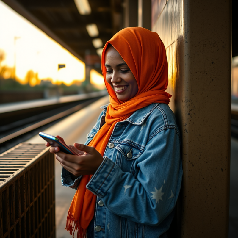 Woman in Orange Hijab at Train Station
