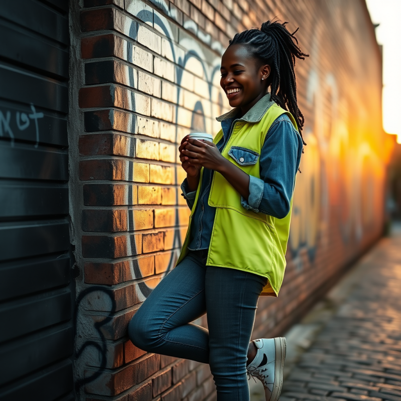 Smiling Woman with Coffee on Brick Wall