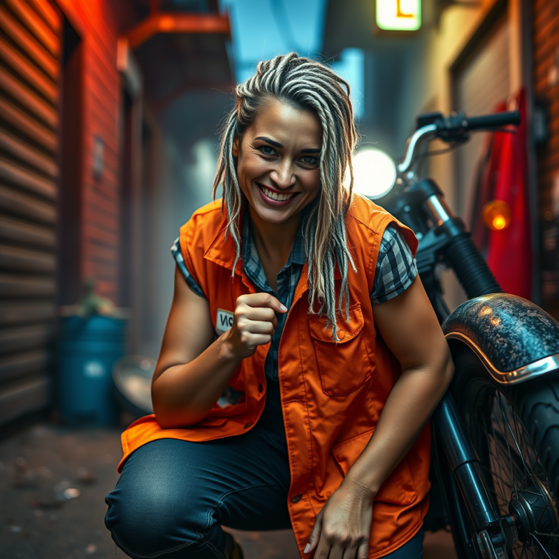 Smiling Woman with Braids Near Motorcycle